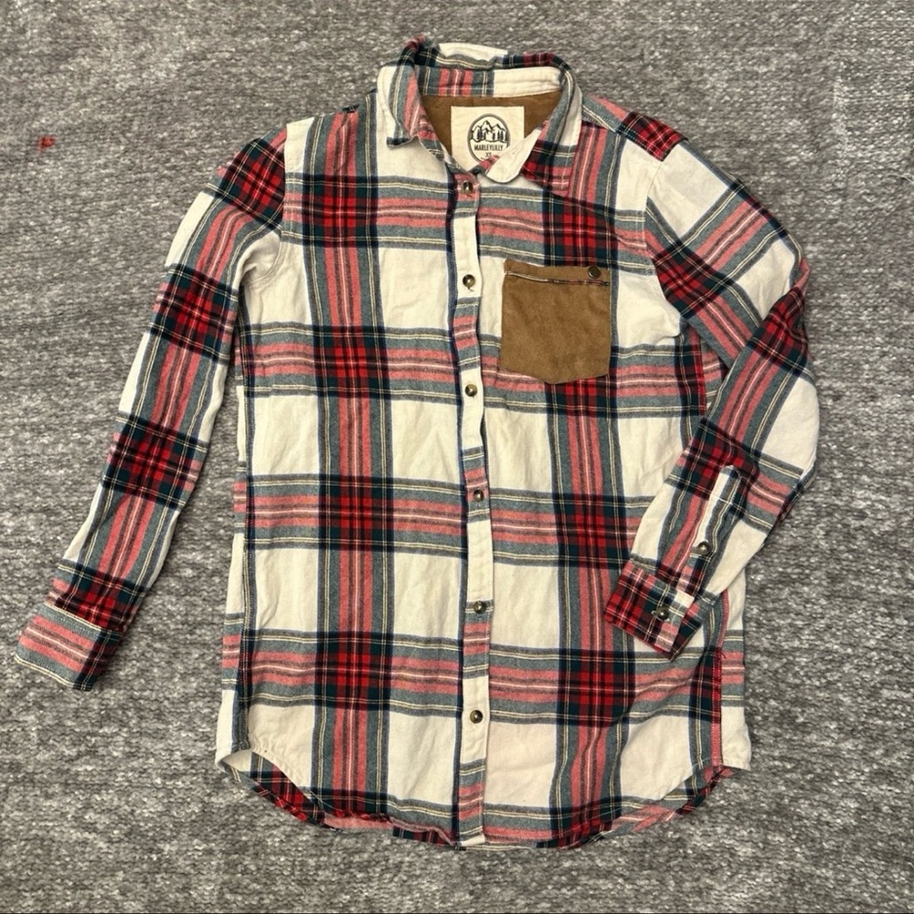 EUC MarleyLilly plaid Flannel button down with suede pocket XS